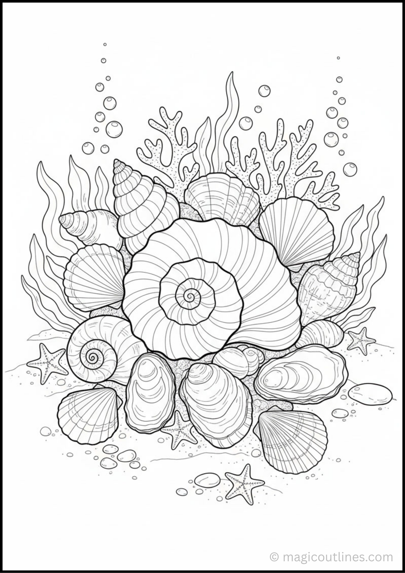 Sea Shells Coloring Page free printable PDF featuring different beautiful seashell shapes for kids to color.