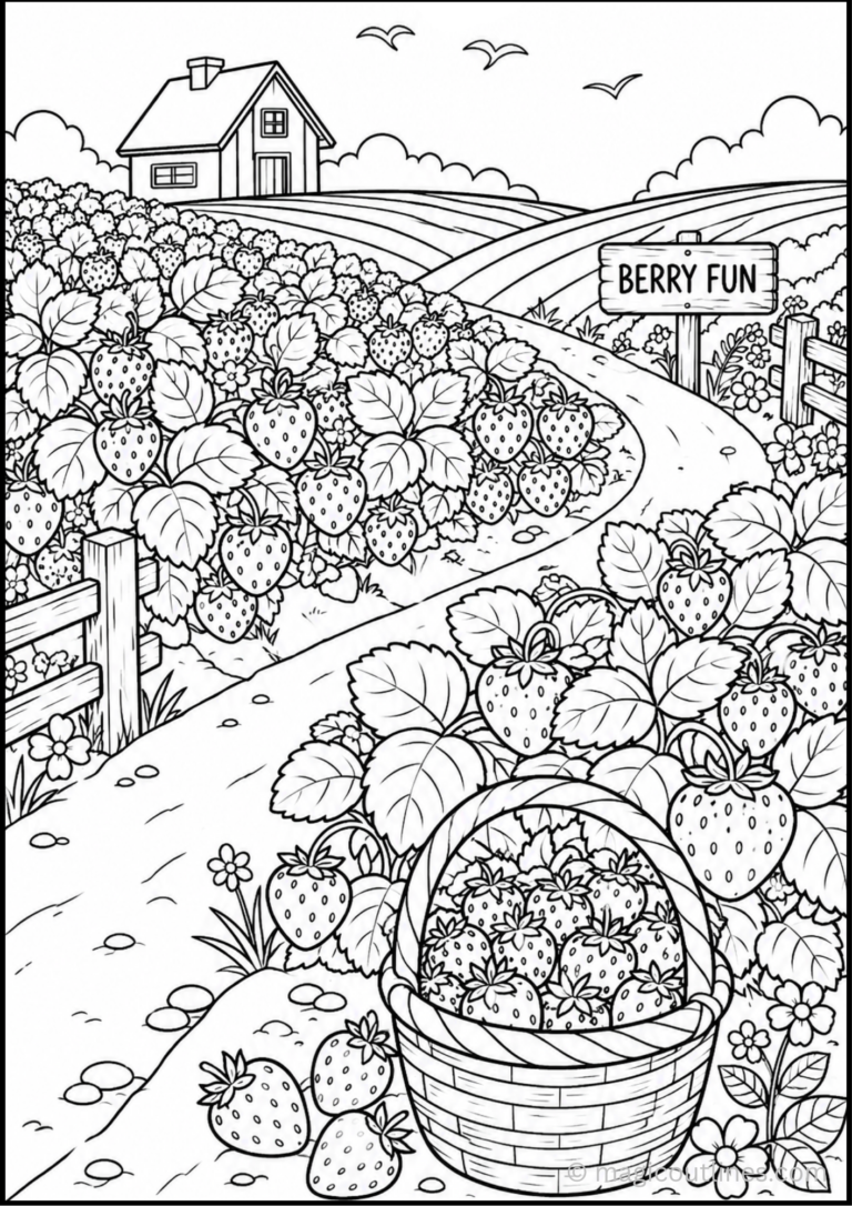 Strawberry farm coloring page featuring a basket of fresh strawberries, strawberry plants, a farm path, farmhouse, fields, and a Berry Fun sign.