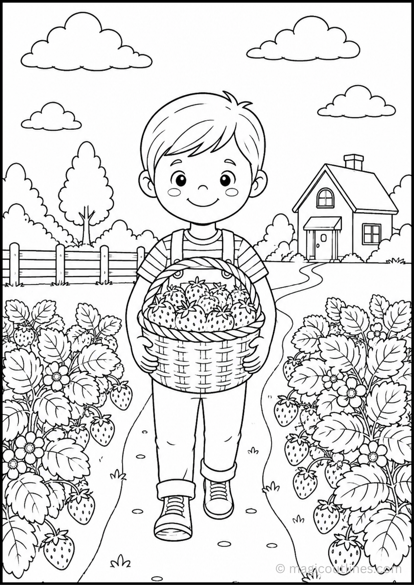 Strawberry harvest coloring page showing a child carrying a basket of fresh strawberries on a farm