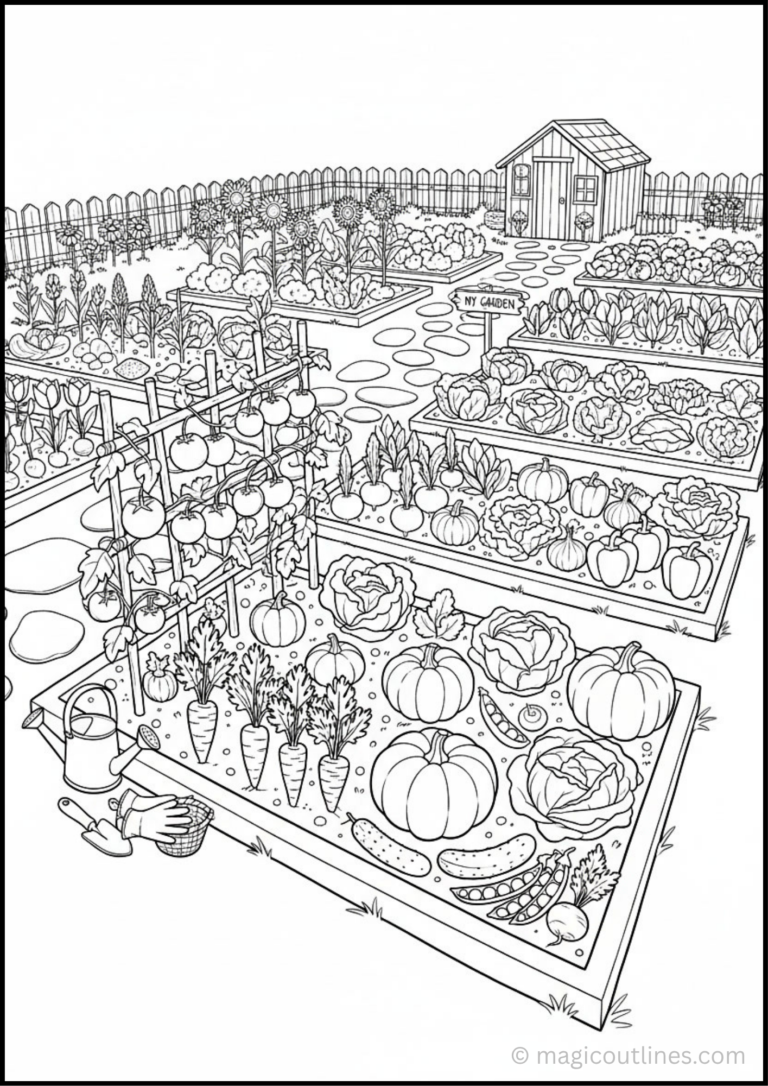 Vegetable Garden Coloring Page with pumpkins, carrots, tomatoes, cabbage, flowers, garden beds, and a garden shed