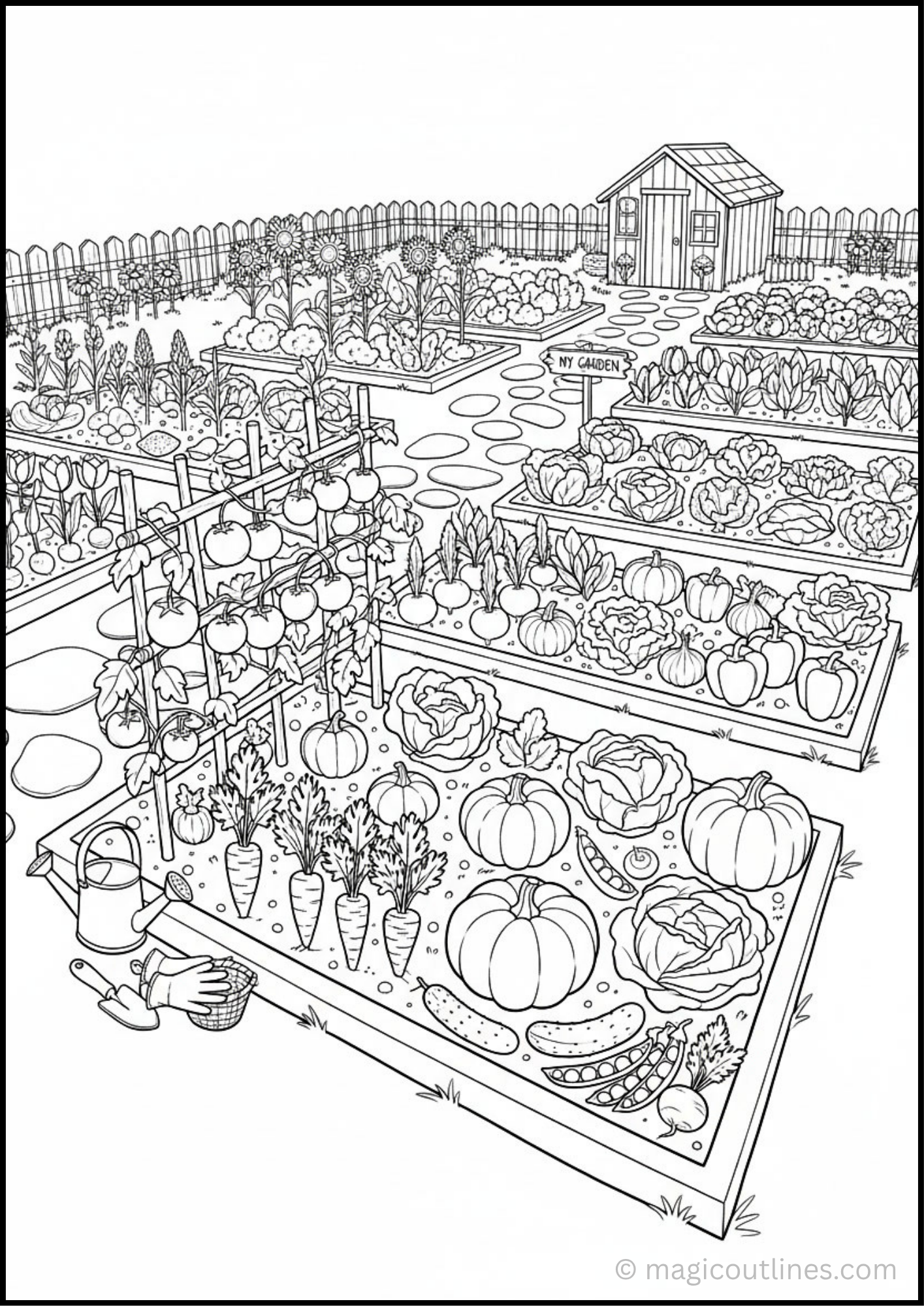 Vegetable Garden Coloring Page with pumpkins, carrots, tomatoes, cabbage, flowers, garden beds, and a garden shed