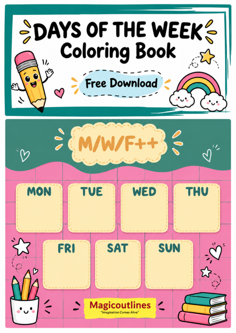 Days of the Week Coloring Book cover for kids with colorful lettering and a free download design