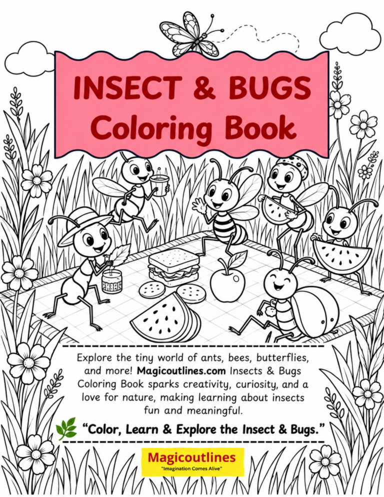 Insects & Bugs Coloring Book for kids featuring ants, bees, butterflies, beetles, worms, a grasshopper, spider, and dragonfly