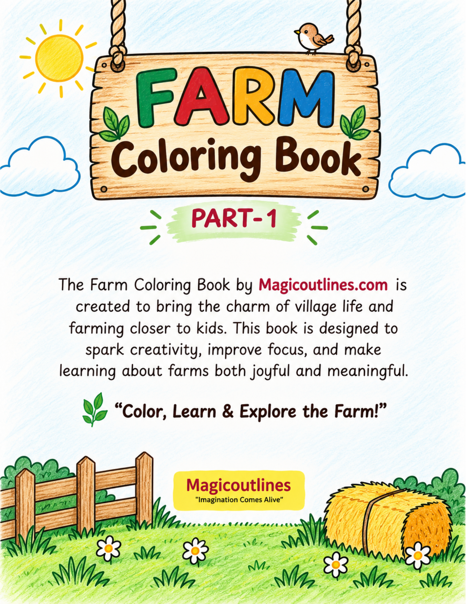Farm Coloring Book-1 cover featuring a colorful farm scene with a barn, cow, sheep, pig, chicken, hay bale, and green fields