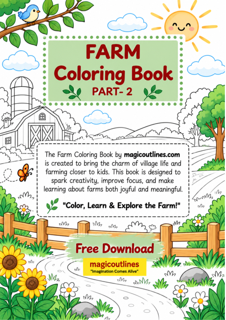 Farm Coloring Book-2 free printable cover featuring a smiling farmer, cow, chicken, barn, and farm scenery