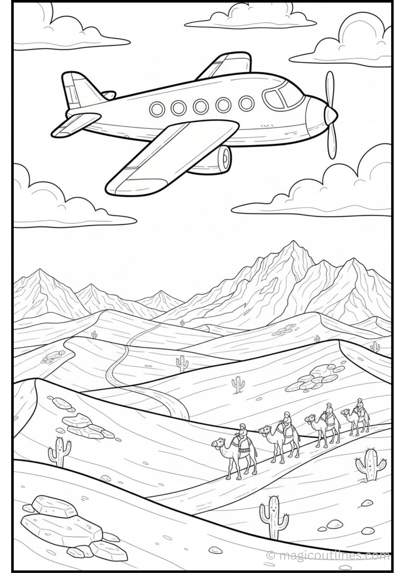 Airplane Over the Desert Coloring Page featuring a classic airplane flying over mountains, cacti, rocks, and a camel caravan