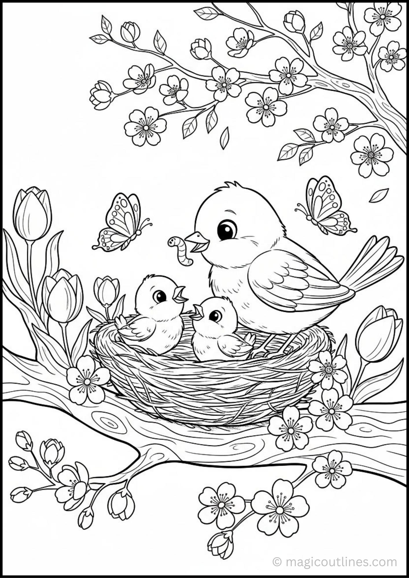 Baby Birds in Nest Coloring Page (Free Printable PDF)