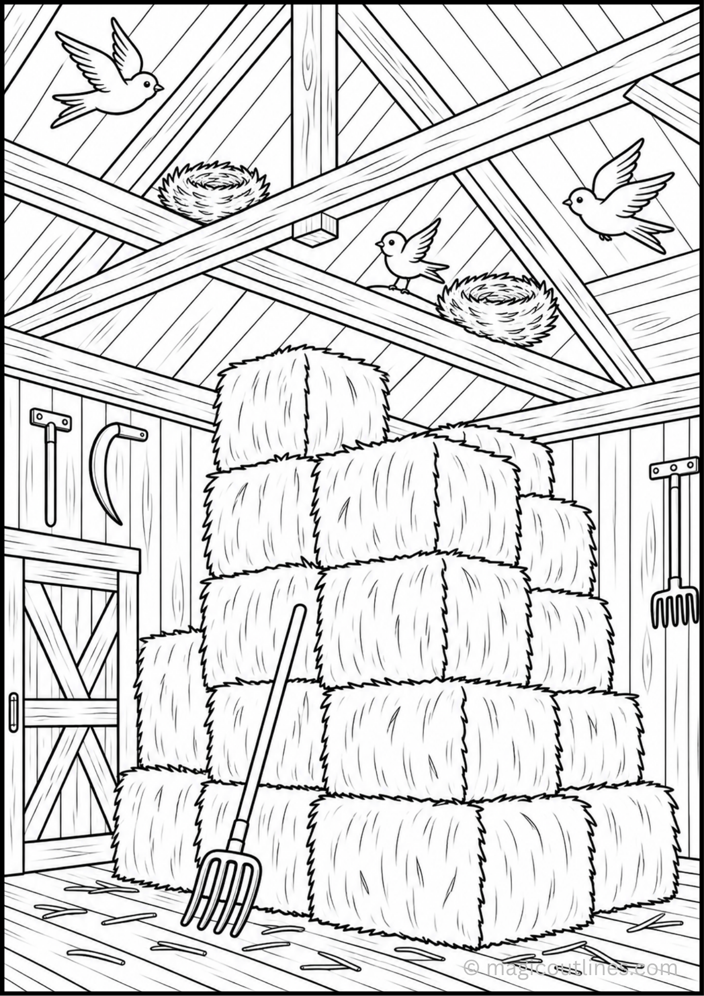 Barn with stacked hay bales, birds, nests, and farm tools coloring page