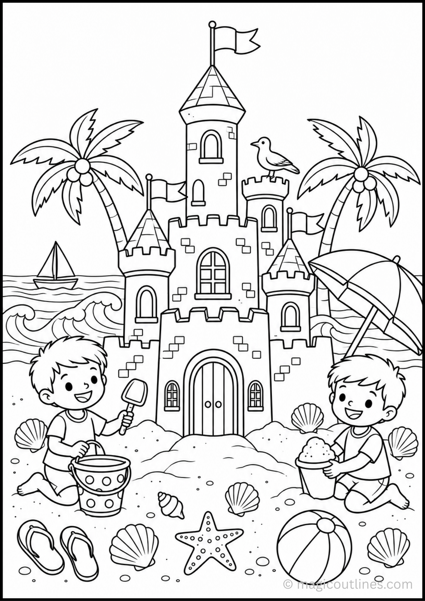 Beach sandcastle coloring page with two children building a sandcastle, seashells, beach ball, palm trees, ocean waves, and umbrella