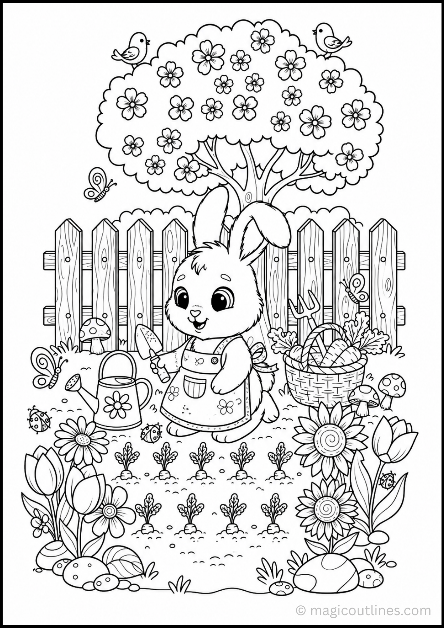 Bunny Garden Coloring Page with a cute bunny, flowers, vegetables, watering can, butterflies, and garden fence