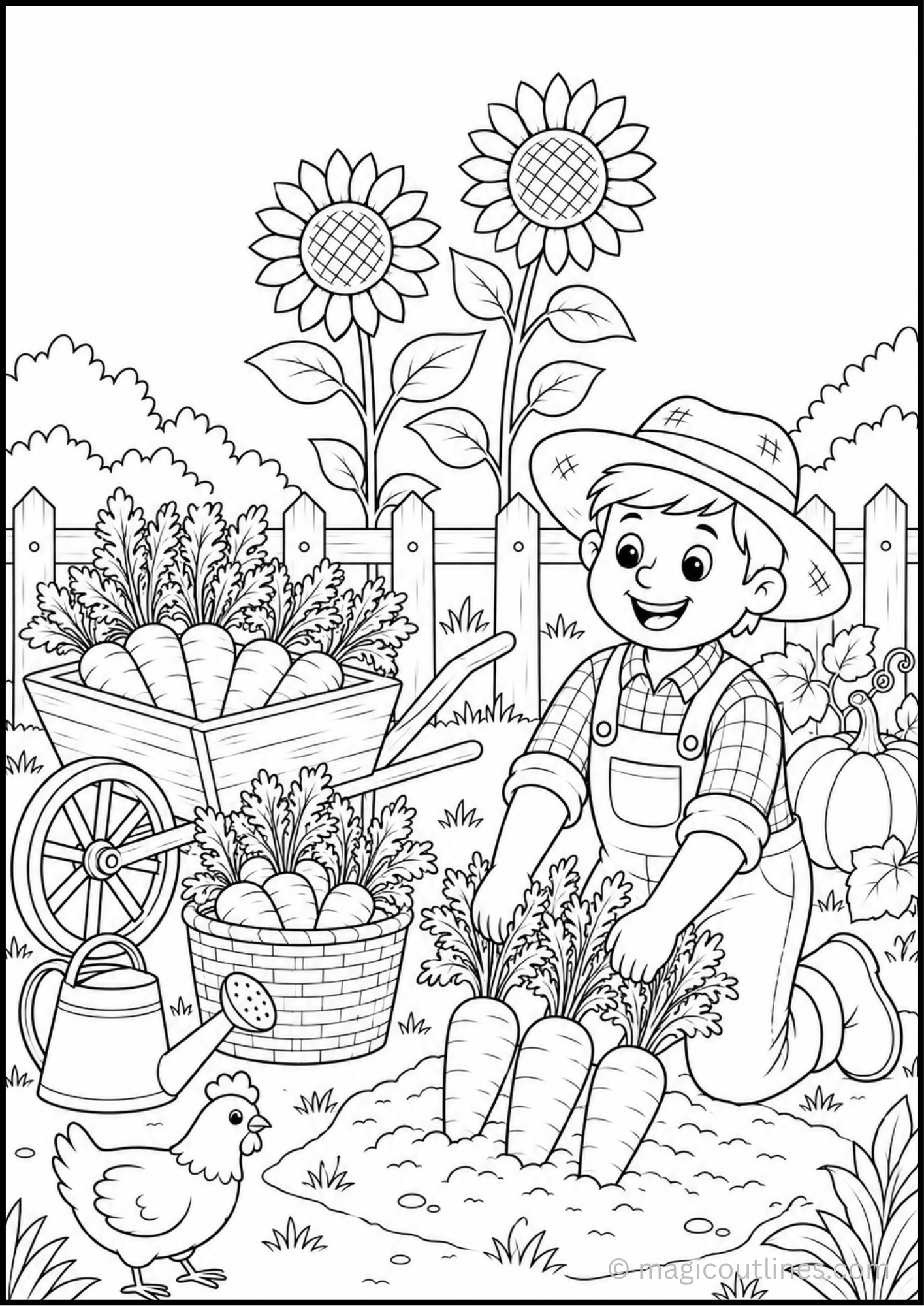Carrot Harvest Coloring Page featuring a young farmer picking carrots in a vegetable garden.