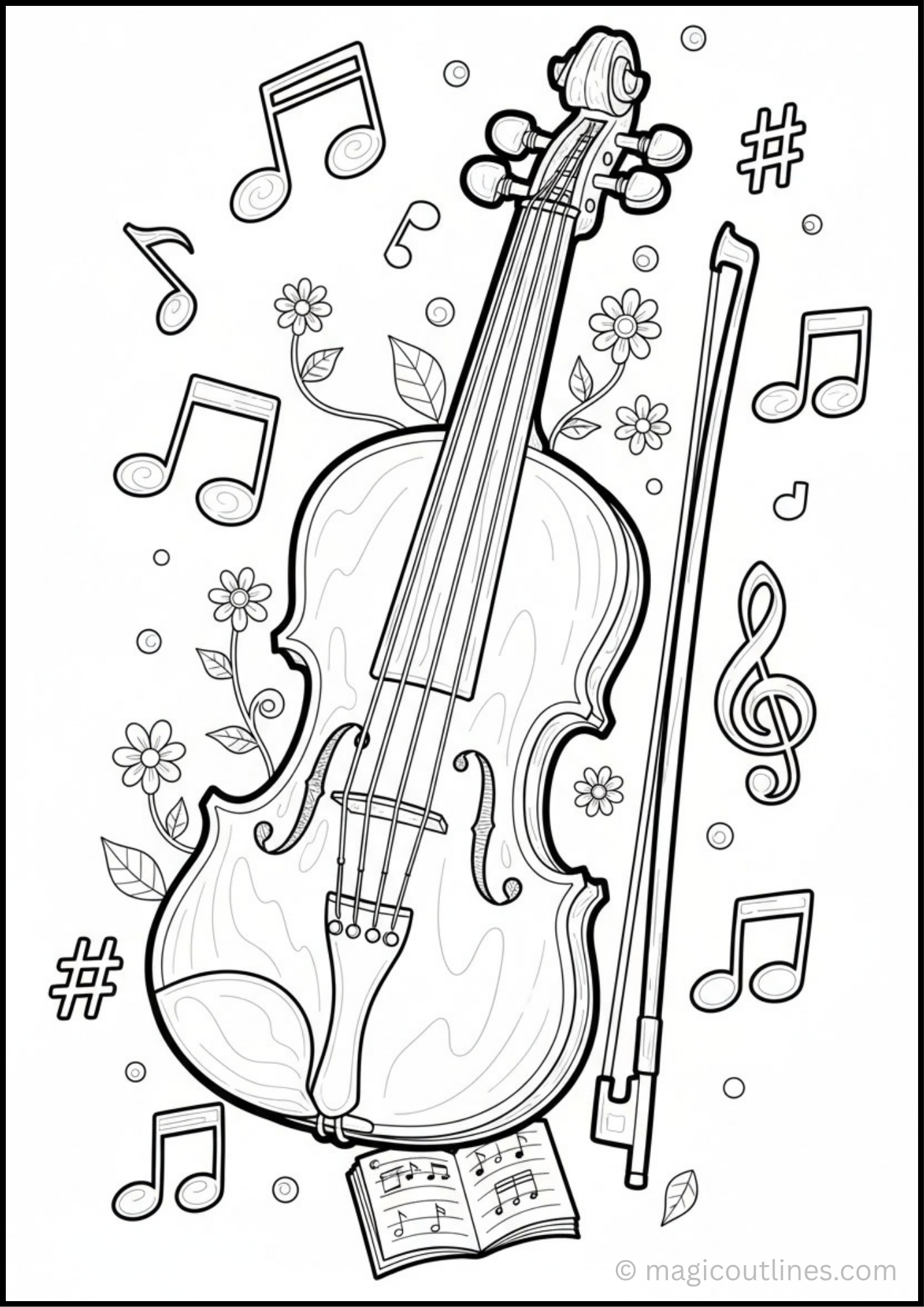 Cello coloring page for kids with musical notes and flowers