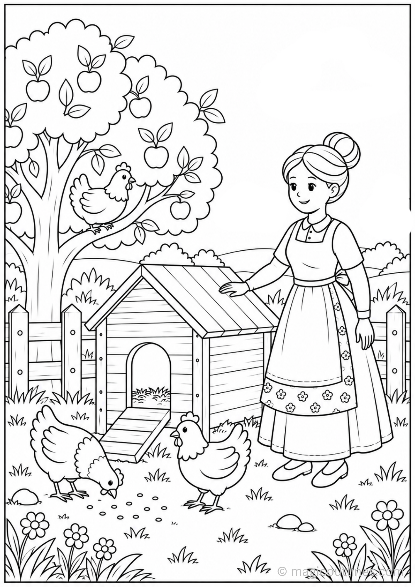 Chicken Coop Coloring Page featuring chickens, a farm girl, apple tree, wooden coop, fence, and countryside scenery.