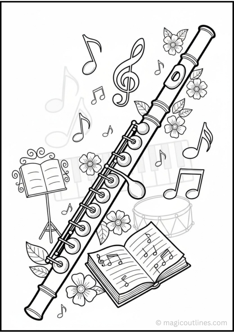 Clarinet coloring page for kids with musical notes, flowers, and sheet music