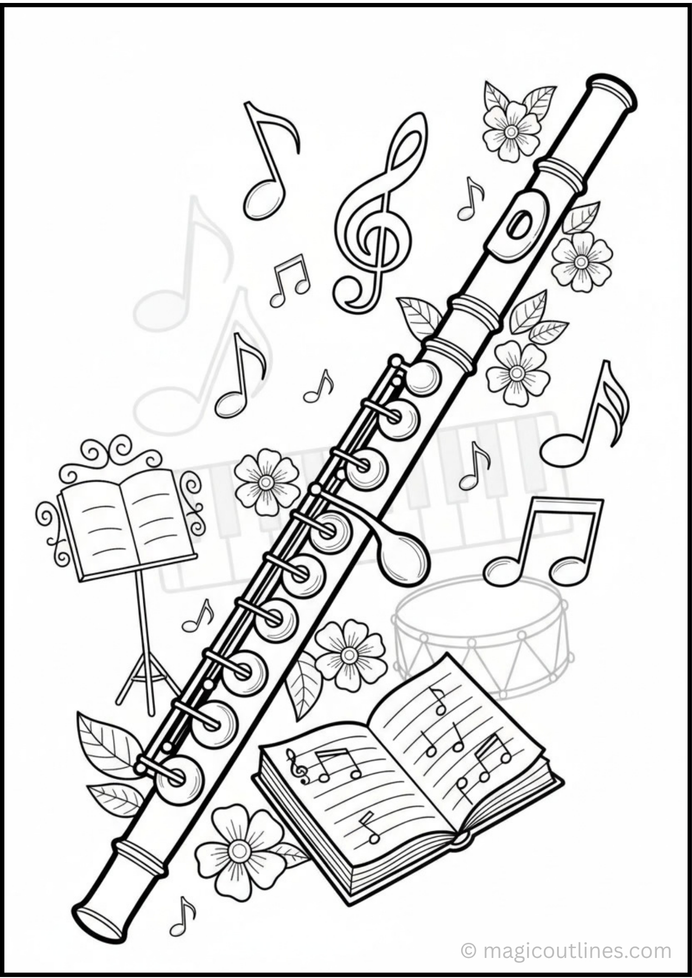 Clarinet coloring page for kids with musical notes, flowers, and sheet music