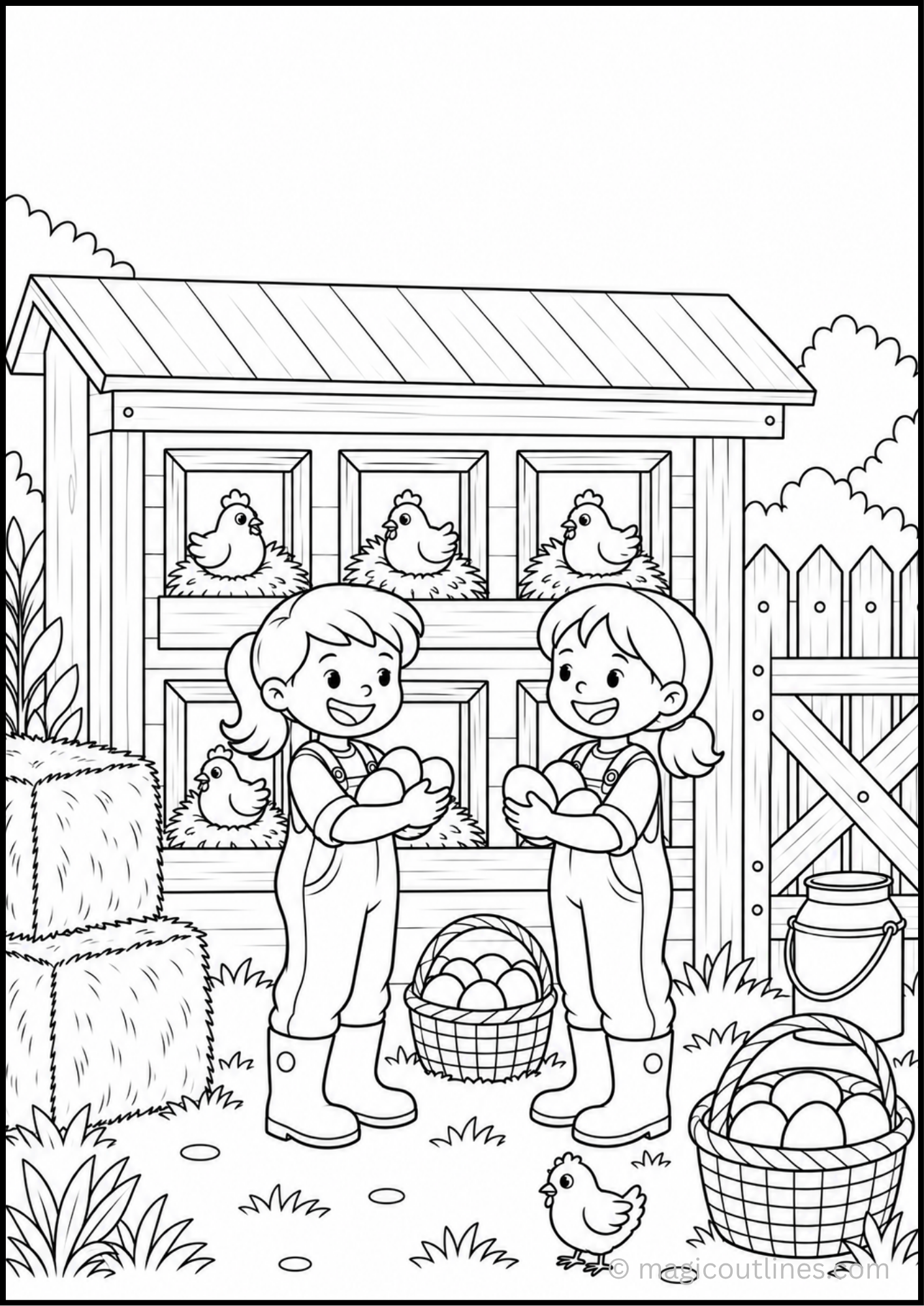 Collecting Eggs Coloring Page (Free Printable PDF) featuring two children holding eggs near a chicken coop.