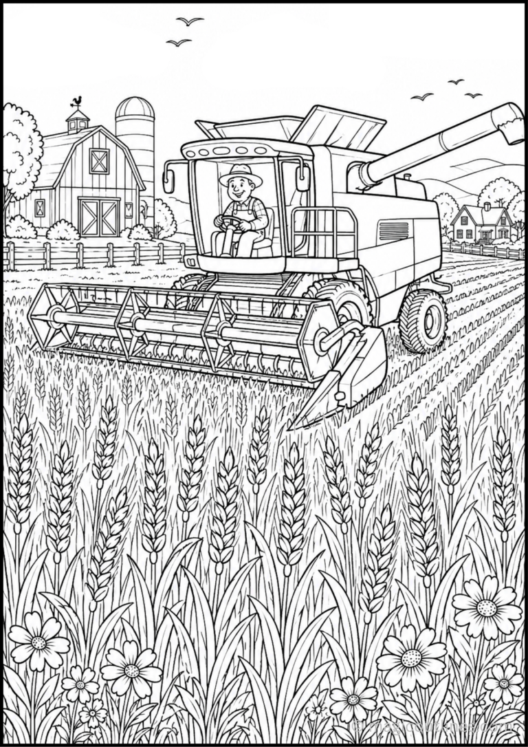 Combine harvester coloring page for kids with a large farm machine in a field
