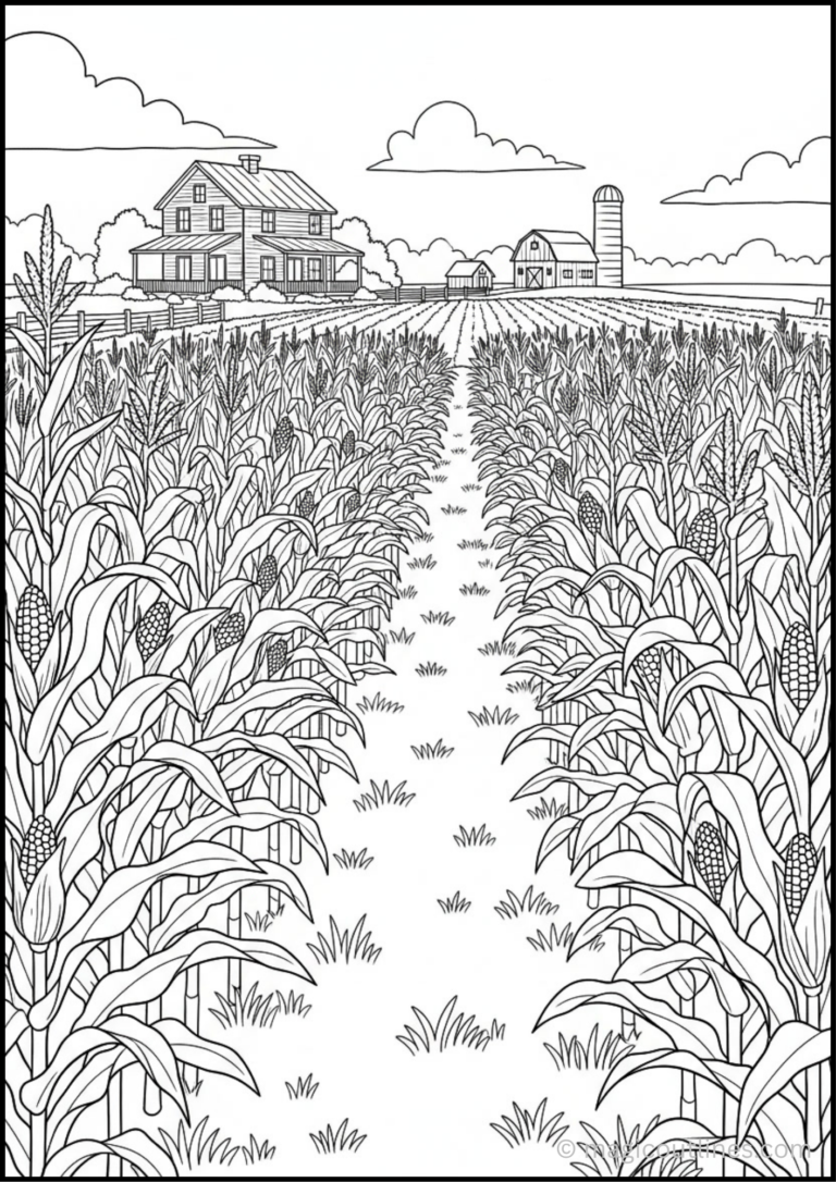 Cornfield farm coloring page with rows of corn, farmhouse, silo, and countryside landscape