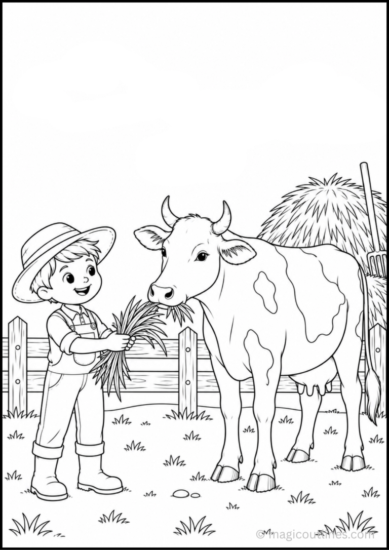 Cow Feeding Coloring Page featuring a child farmer feeding grass to a cow on a farm