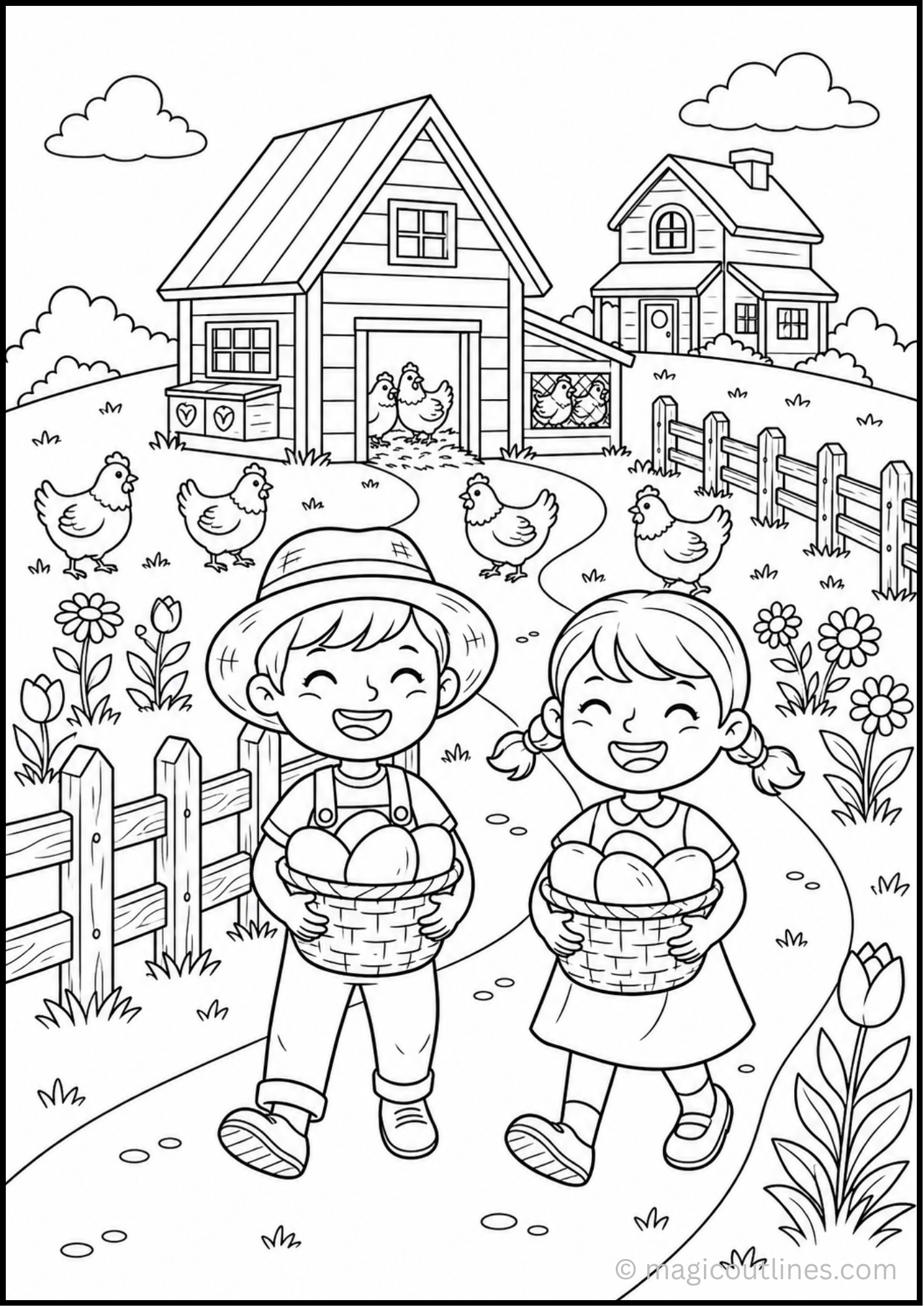Egg Gathering Coloring Page (Free Printable PDF) featuring two happy children carrying baskets of fresh eggs near a chicken coop on a farm
