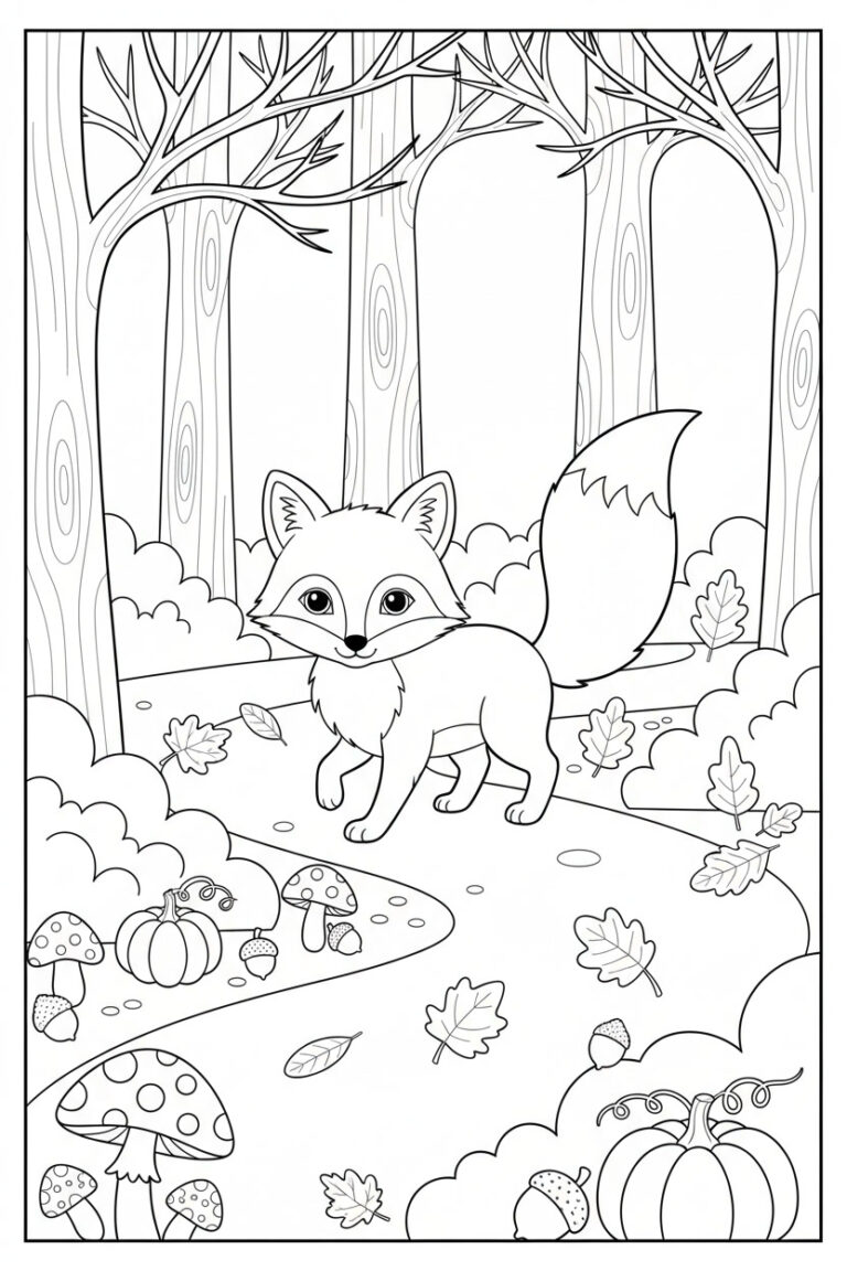 Fall fox coloring page featuring a cute fox in a forest with pumpkins, mushrooms, leaves, and trees.