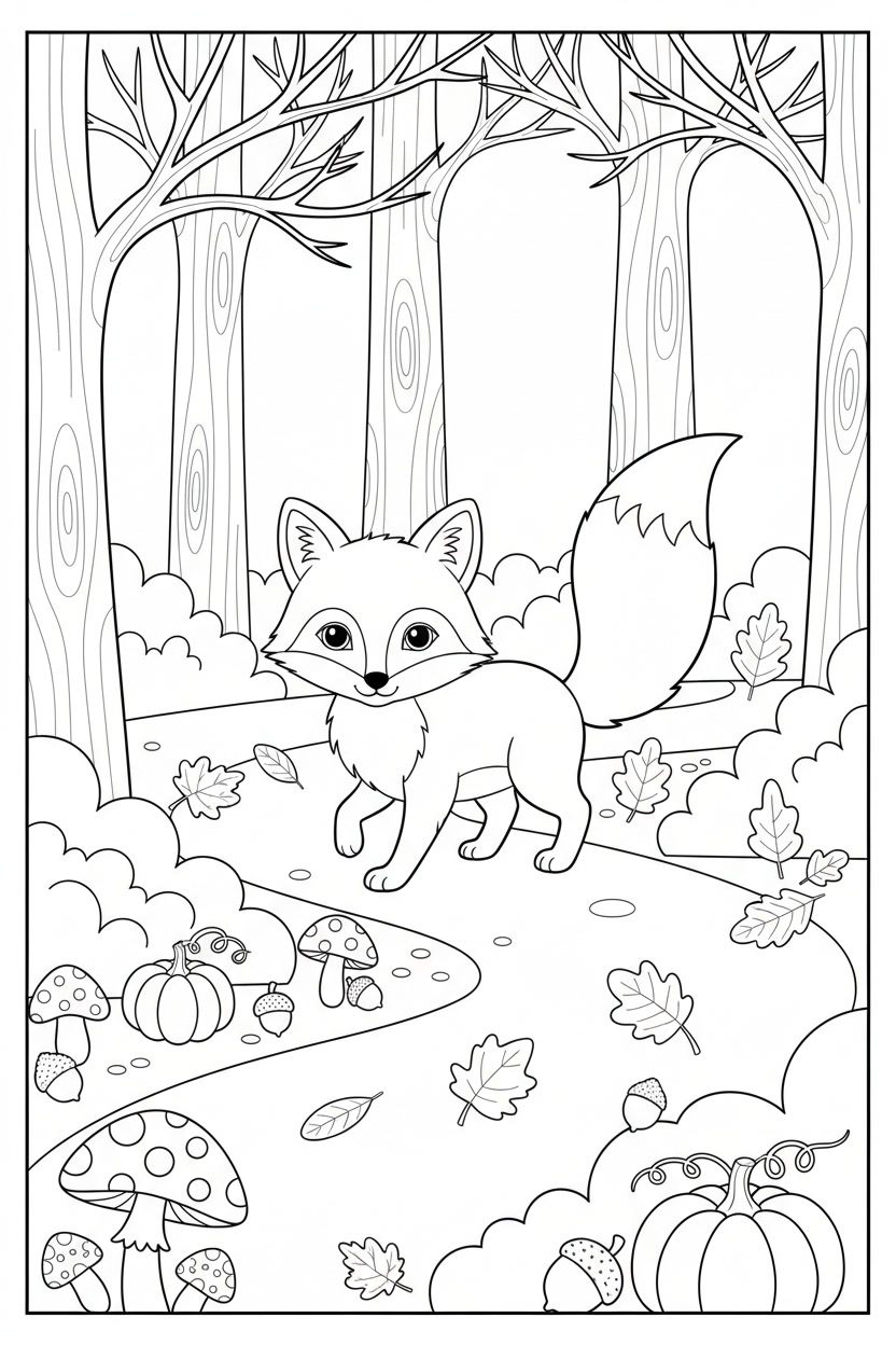 Fall fox coloring page featuring a cute fox in a forest with pumpkins, mushrooms, leaves, and trees.