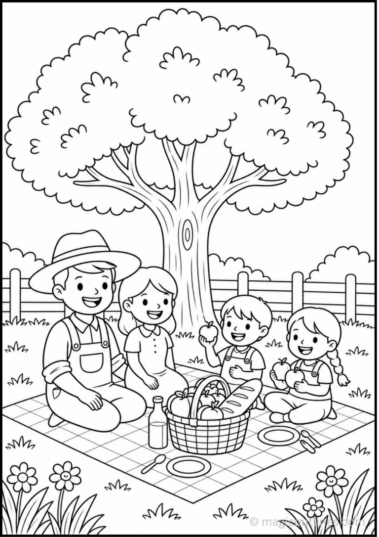 Family farm picnic coloring page with children, apples, and picnic basket