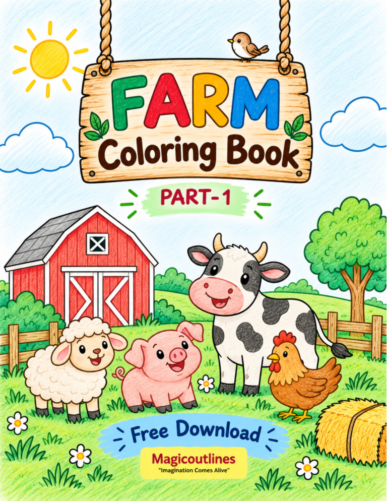 Farm Coloring Book-1 cover featuring a colorful farm scene with a barn, cow, sheep, pig, chicken, hay bale, and green fields