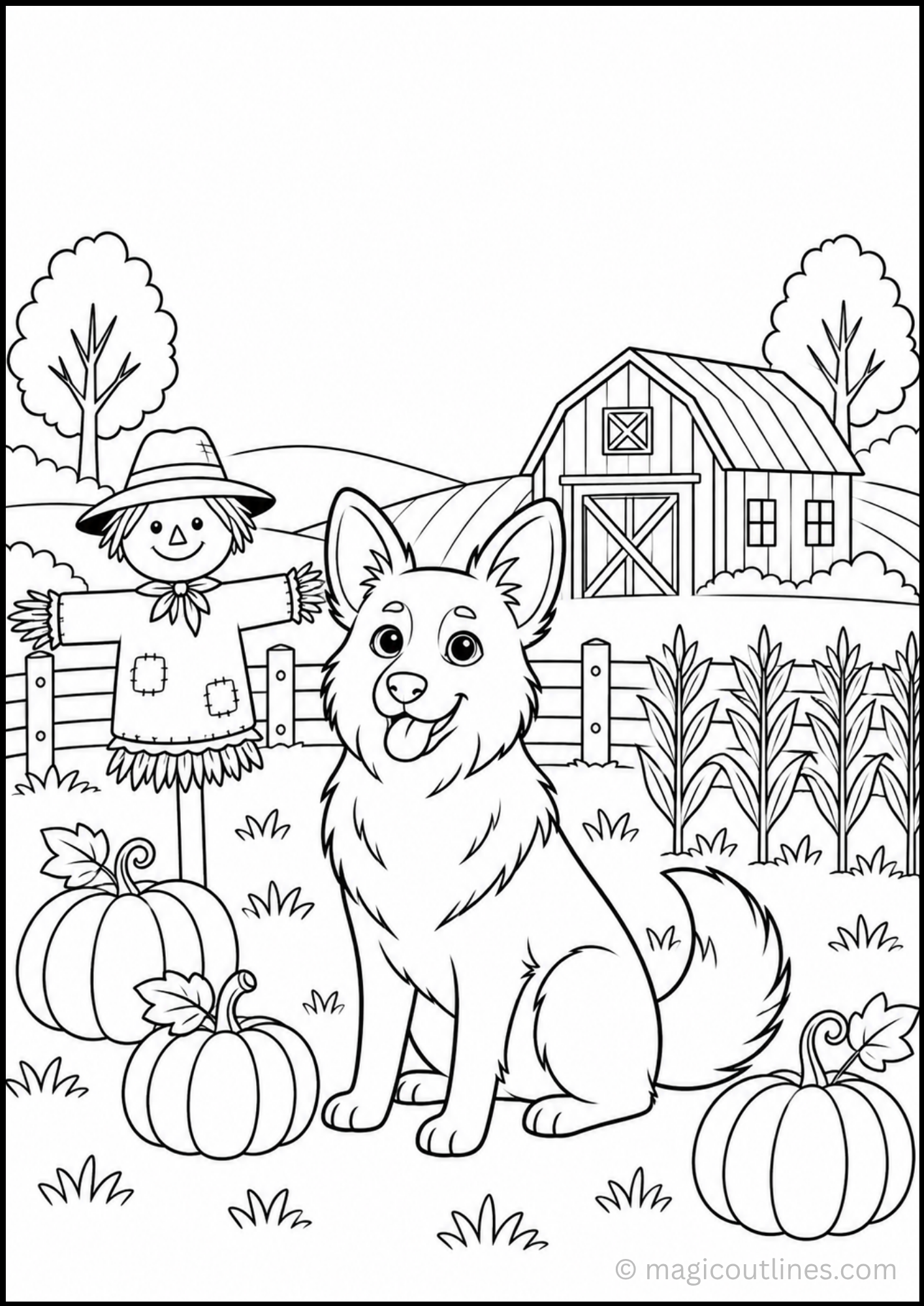 Farm Dog Coloring Page featuring a friendly dog, barn, scarecrow, pumpkins, corn plants, and a countryside farm scene.