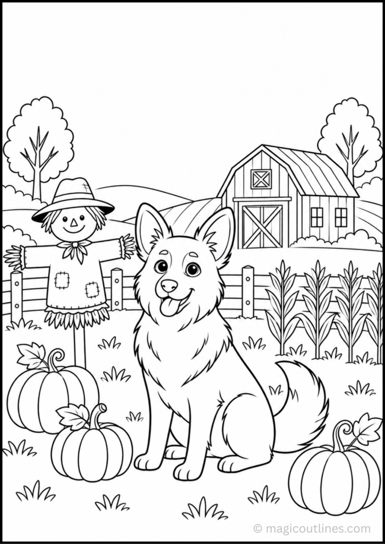 Farm Dog and Scarecrow Coloring Page