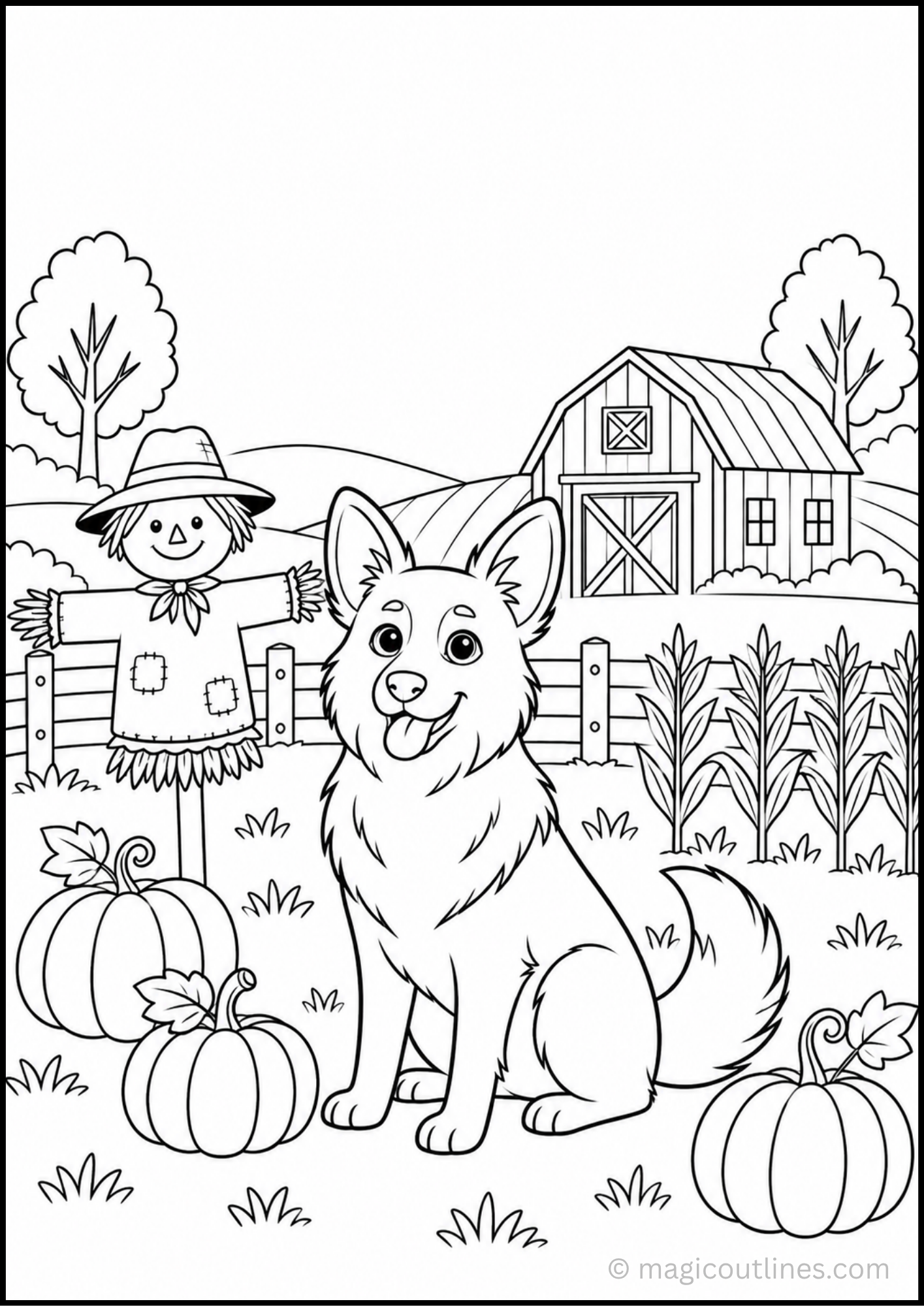 Farm Dog and Scarecrow Coloring Page