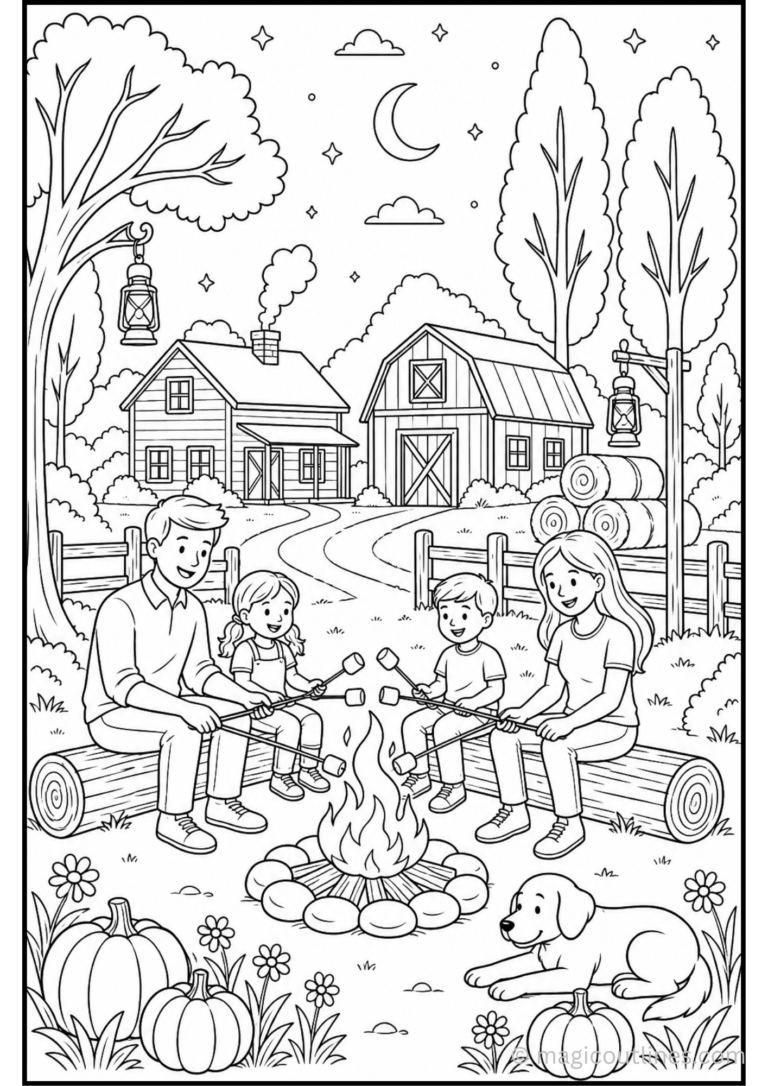 Farm family campfire coloring page with family, farmhouse, barn, pumpkins, dog, hay bales, and starry night sky