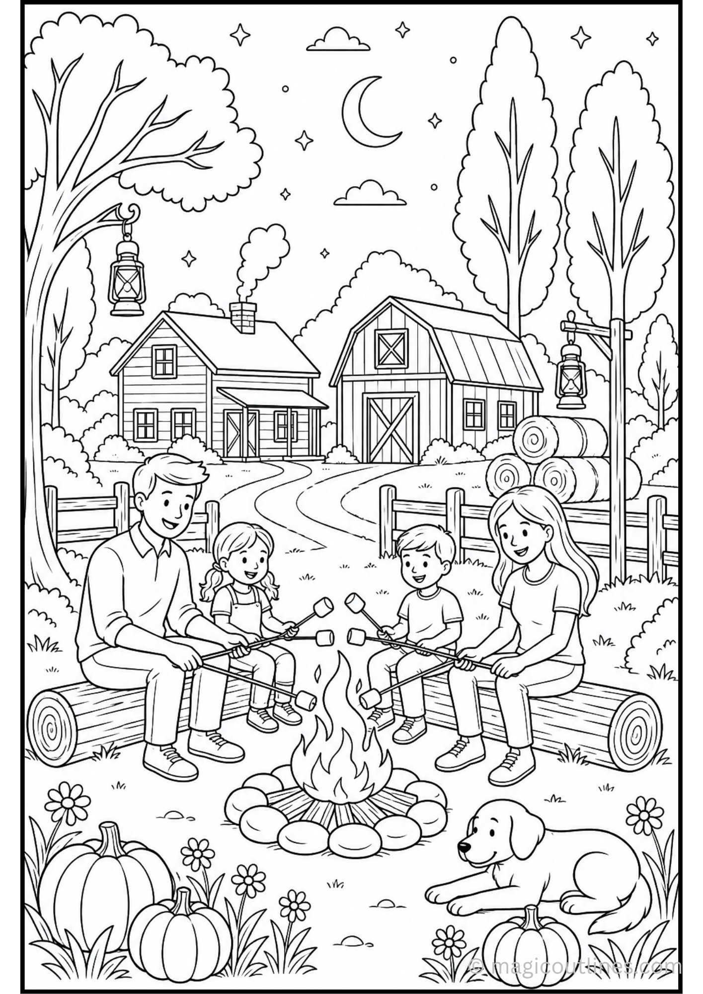Farm family campfire coloring page with family, farmhouse, barn, pumpkins, dog, hay bales, and starry night sky