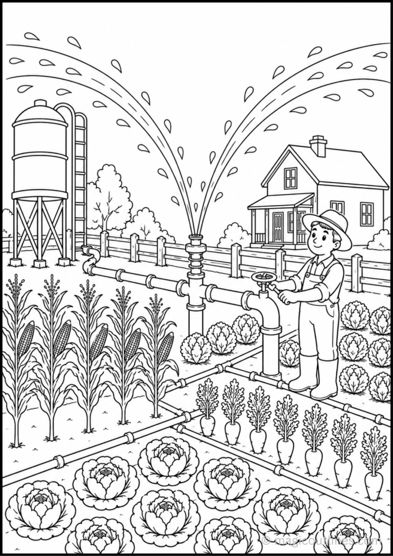 Farm Irrigation Coloring Page with farmer, sprinkler, water tank, pipes, corn, carrots, and vegetable garden