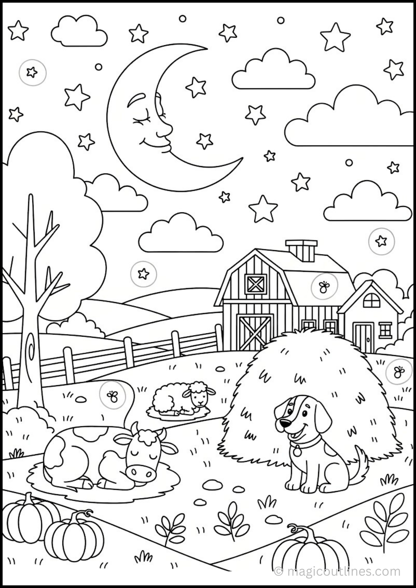 Farm night scene coloring page with a crescent moon, stars, barn, farmhouse, cow, sheep, dog, pumpkins, trees, and fences.