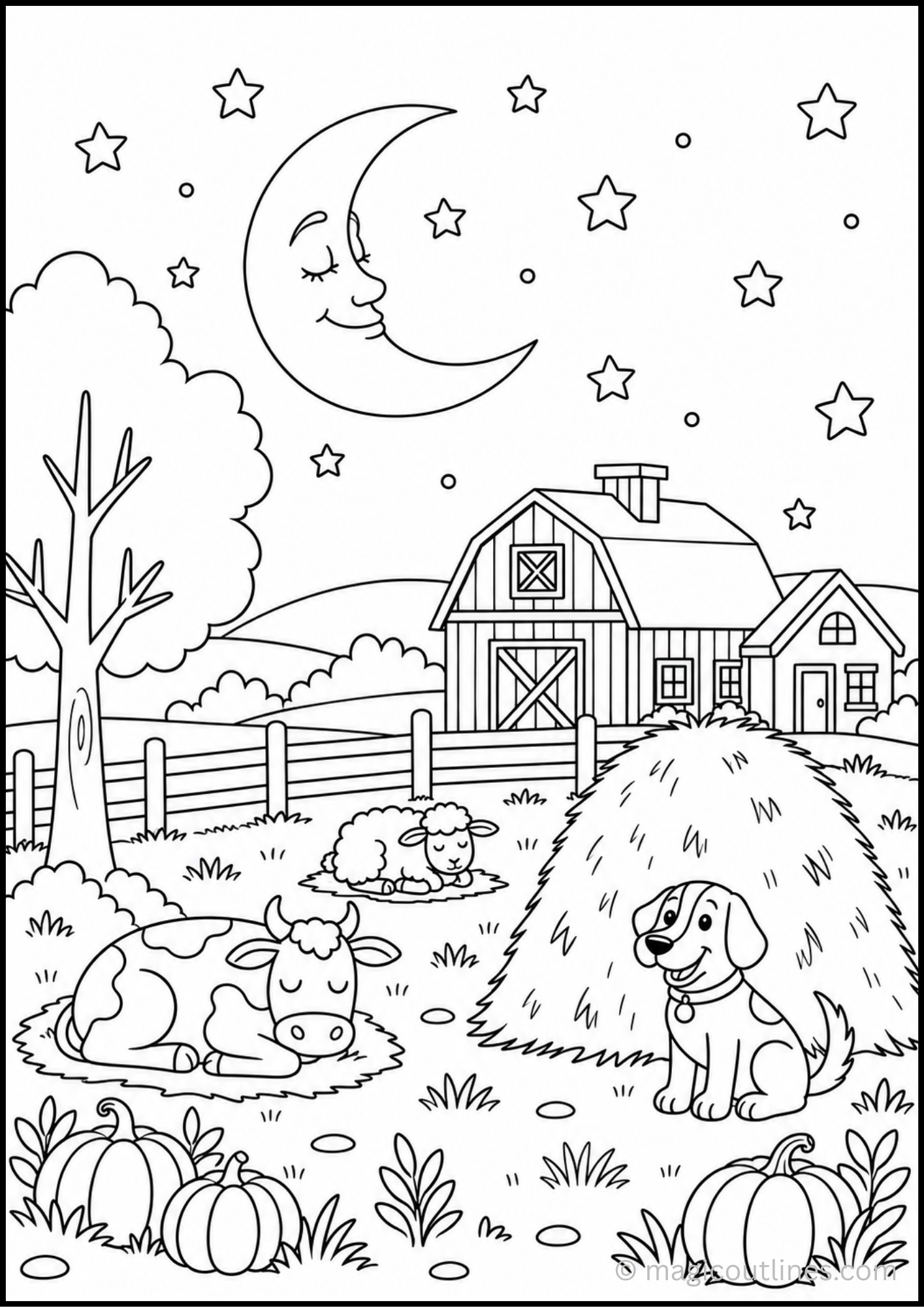 Farm Night Scene Coloring Page featuring a barn, crescent moon, stars, sleeping cow,