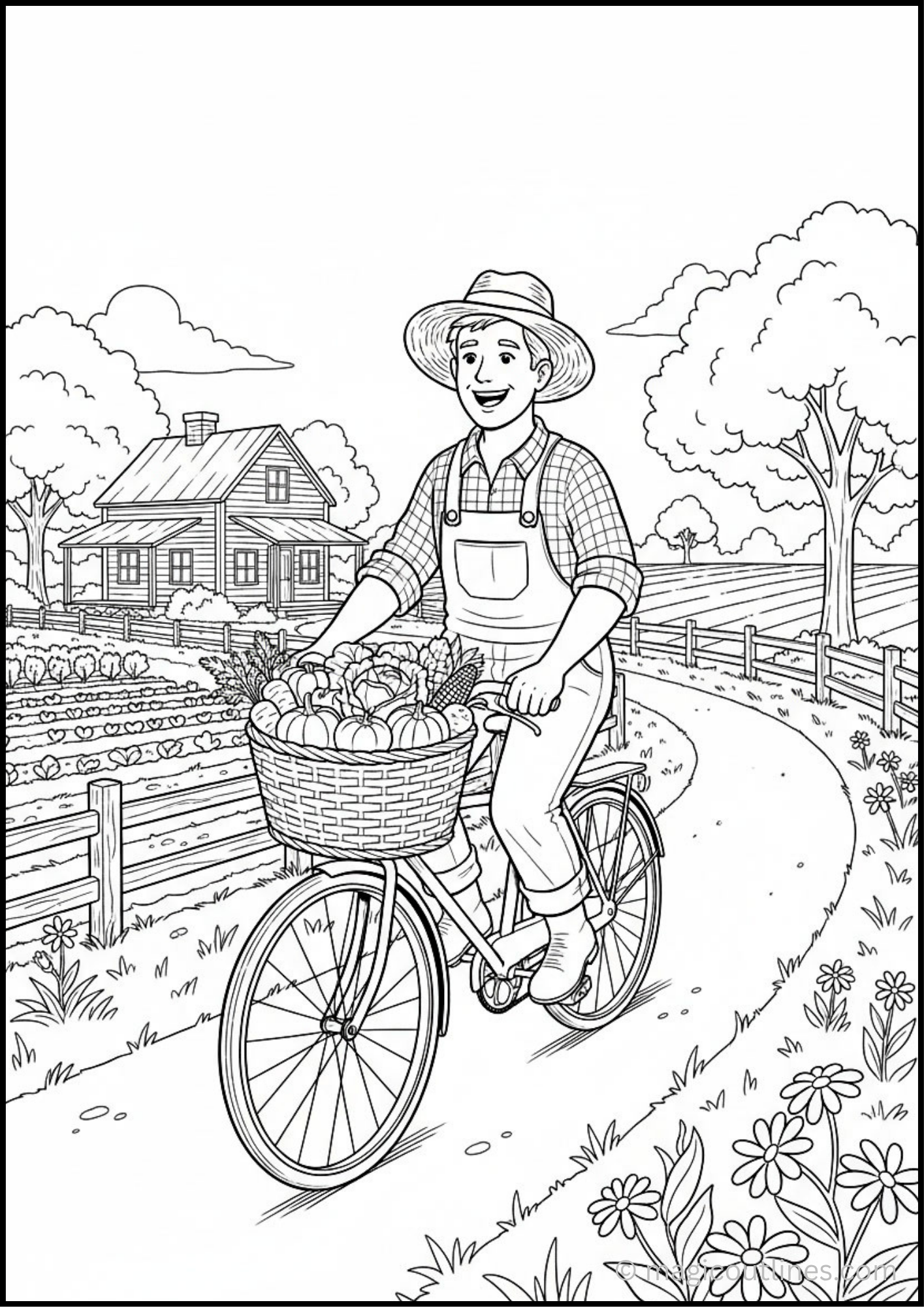 Farmer Bicycle Ride Coloring Page (Free Printable PDF) featuring a happy farmer riding a bicycle with a basket of fresh vegetables along a countryside farm path with a farmhouse, trees, flowers, and fields.