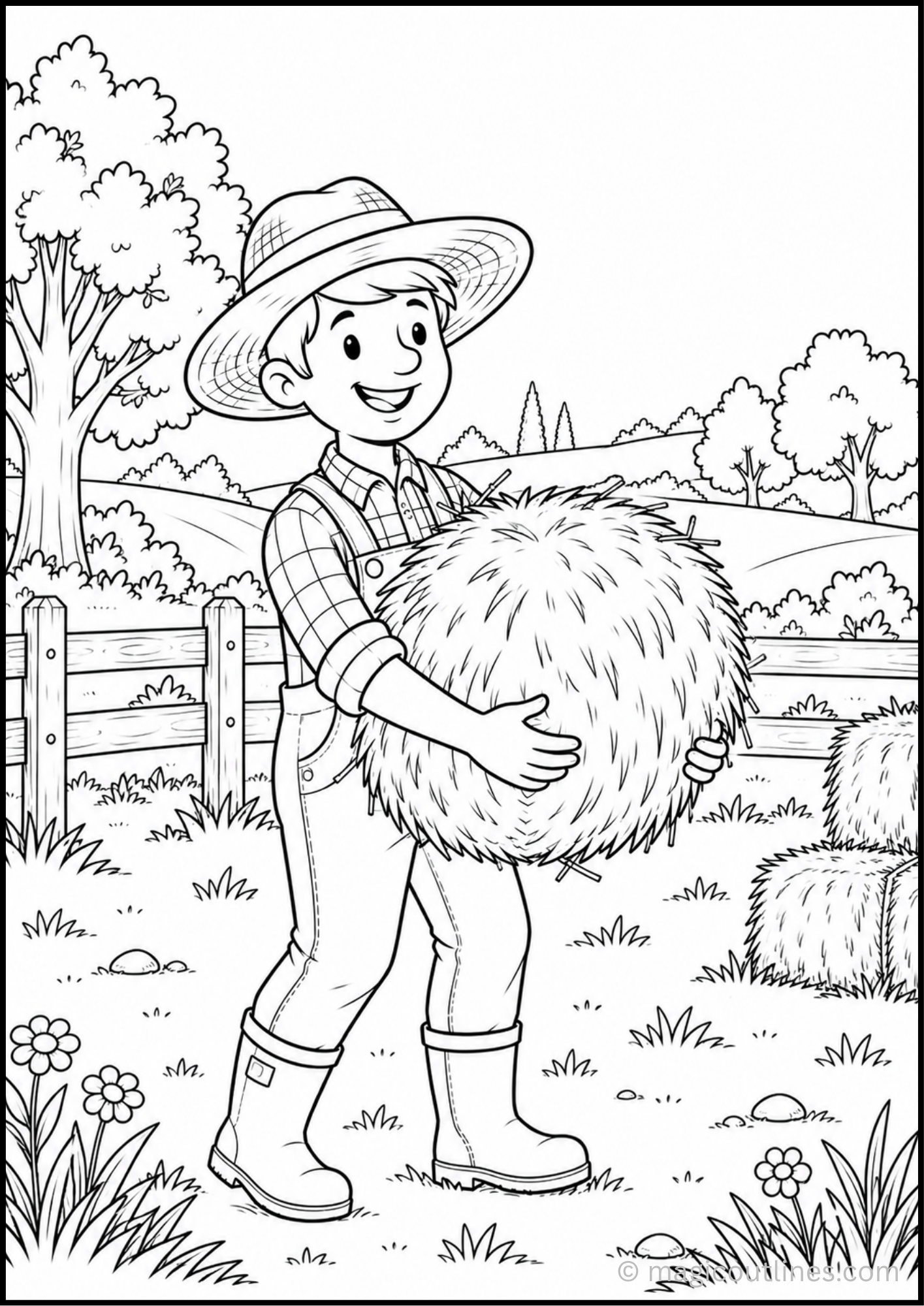 Farmer Carrying Hay Coloring Page featuring a young farmer carrying a large hay bale on a peaceful farm with trees, fence, fields, and haystacks.