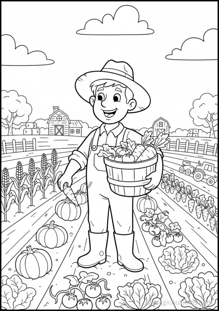 Farmer coloring page showing a friendly farmer harvesting vegetables on a countryside farm