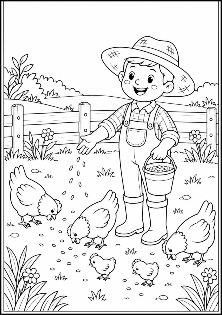 Farmer Feeding Chickens Coloring Page featuring a young farmer feeding chickens on a farm.