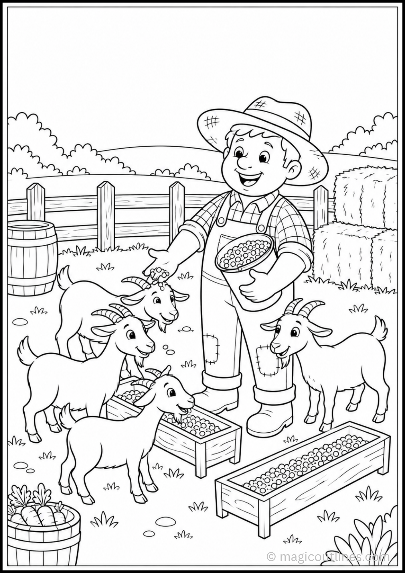 Farmer feeding goats on a farm with hay, feeding troughs, fence, trees, and countryside scenery coloring page.