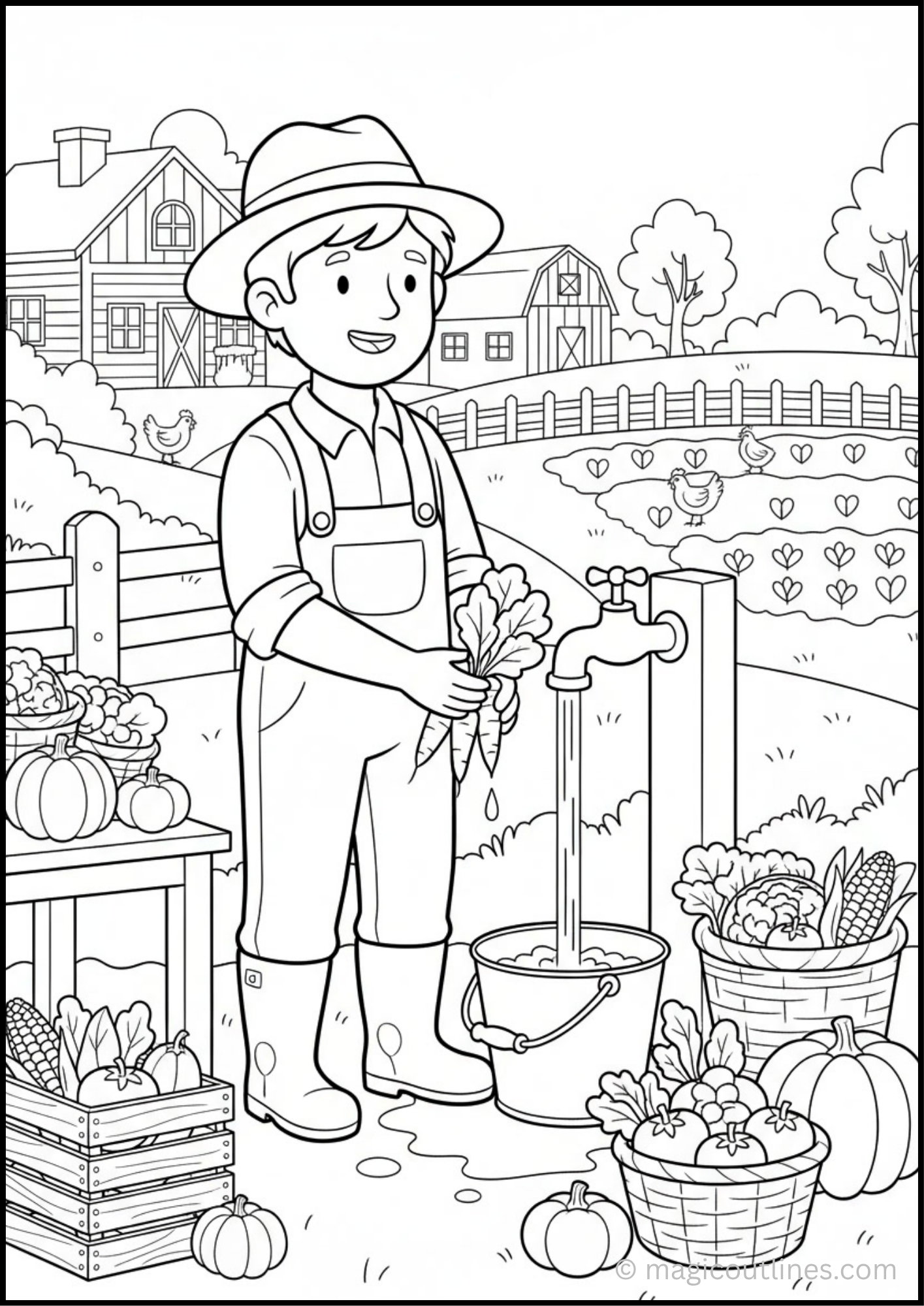 Farmer Washing Vegetables Coloring Page with farmhouse and vegetable garden