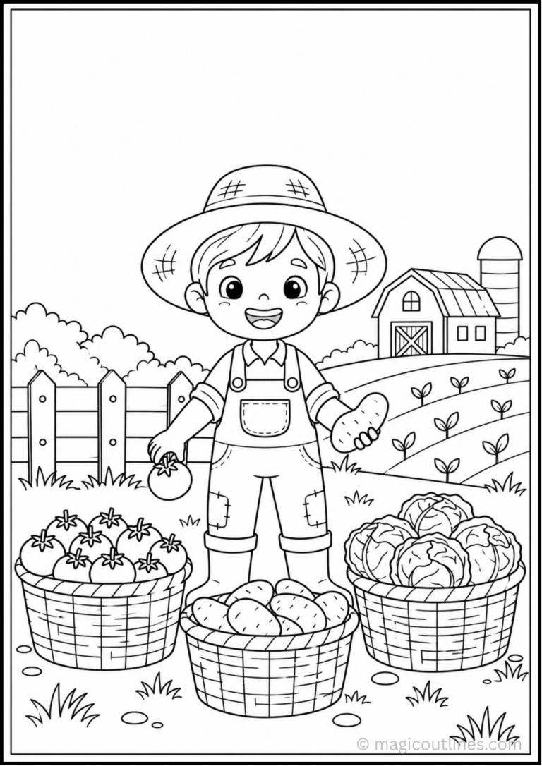 Harvesting Vegetables Coloring Page featuring a young farmer collecting fresh vegetables on a farm.