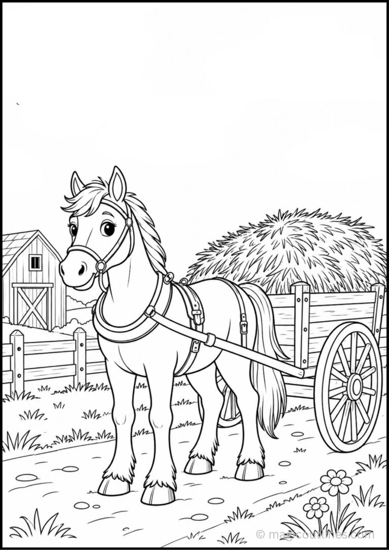 Horse Cart Coloring Page featuring a friendly horse pulling a hay cart on a farm