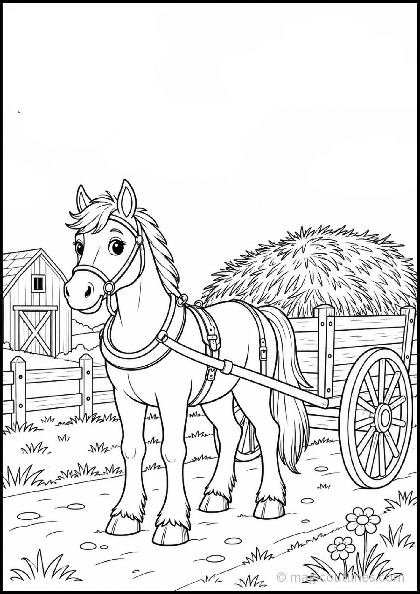 Horse Cart Coloring Page featuring a friendly horse pulling a hay cart on a farm