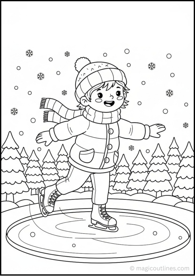 A detailed Ice Skating Girl Coloring Page (Free Printable PDF) featuring a cheerful girl wearing a winter hat, scarf, coat, pants, and ice skates while skating on an outdoor rink. Snowflakes and evergreen trees create a fun winter background for this kids' coloring activity.