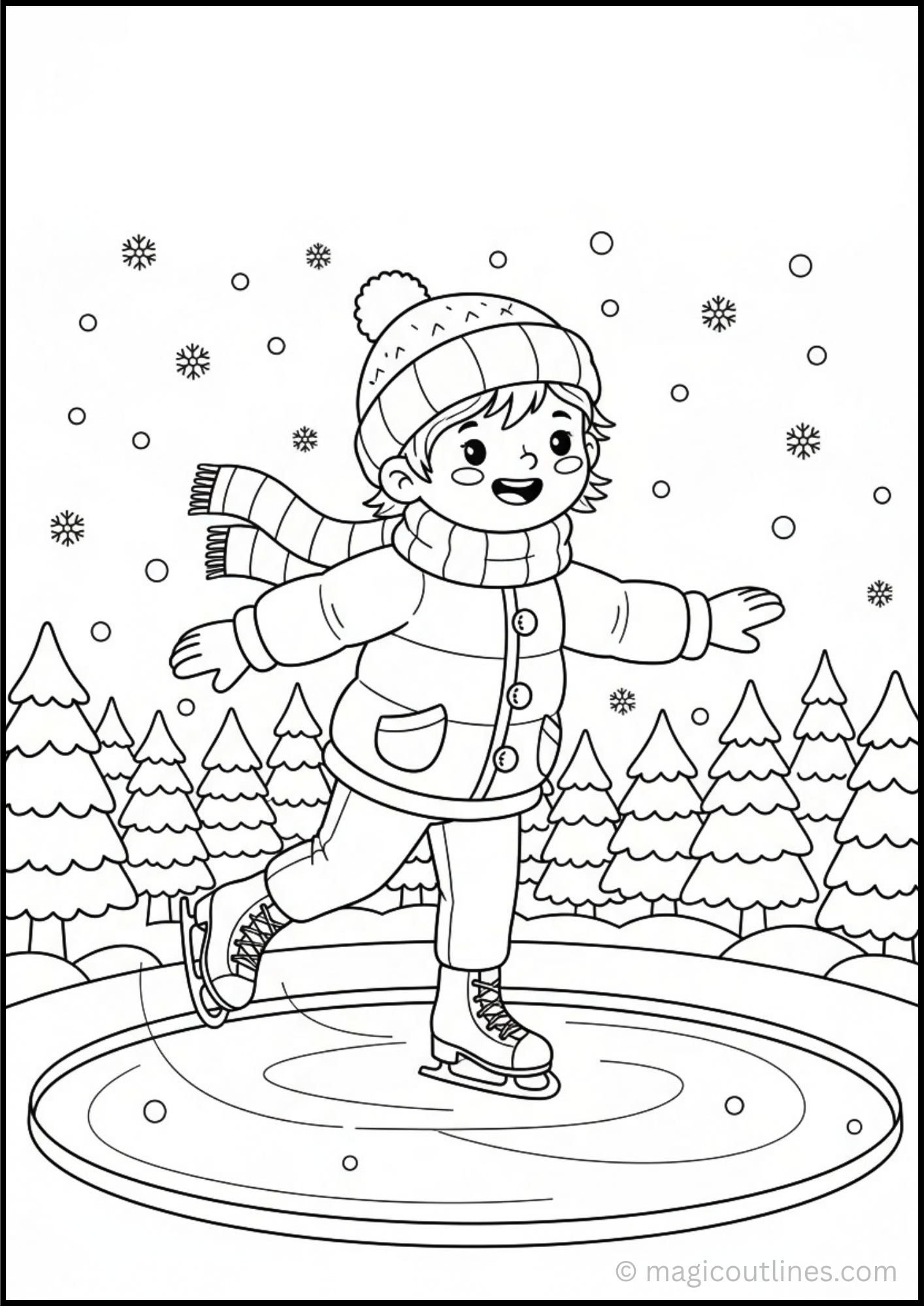 A detailed Ice Skating Girl Coloring Page (Free Printable PDF) featuring a cheerful girl wearing a winter hat, scarf, coat, pants, and ice skates while skating on an outdoor rink. Snowflakes and evergreen trees create a fun winter background for this kids' coloring activity.