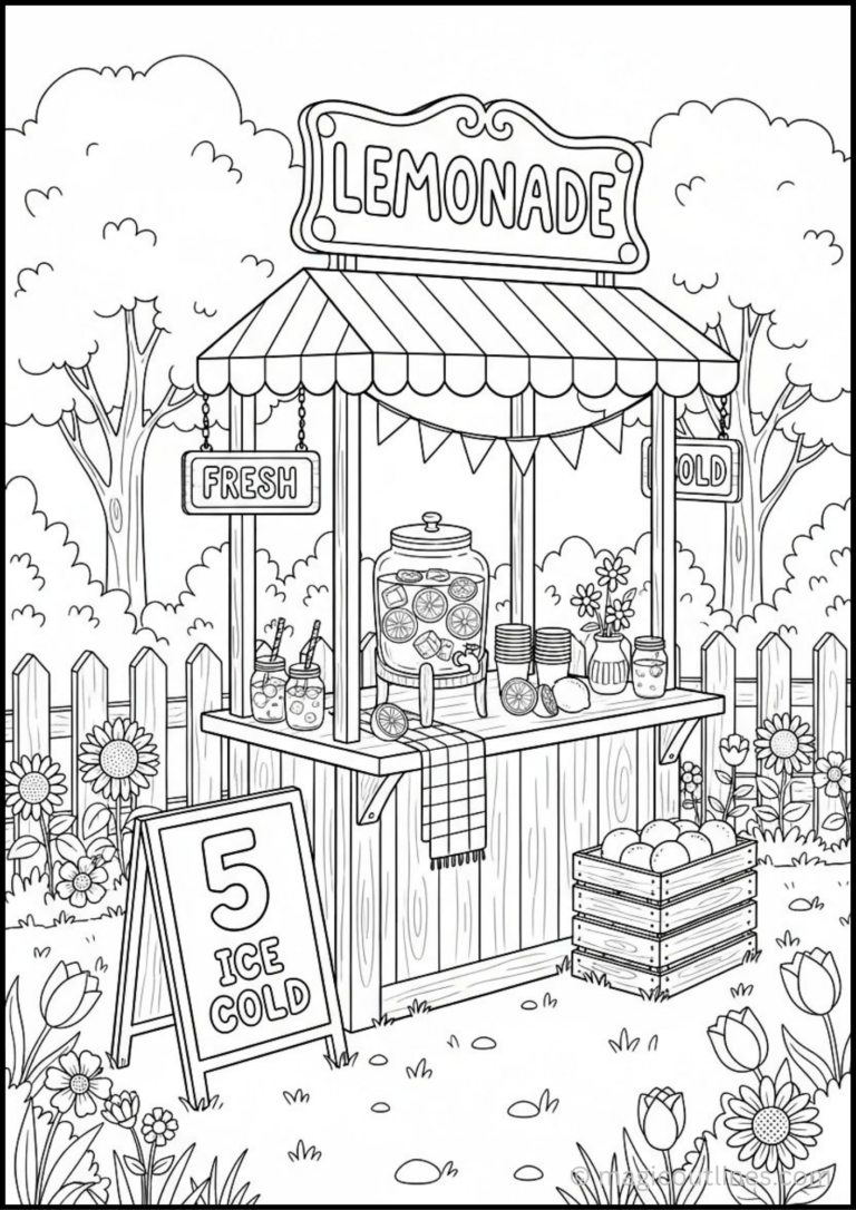 Lemonade stand coloring page with lemons, lemonade jars, flowers, cups, and summer decorations