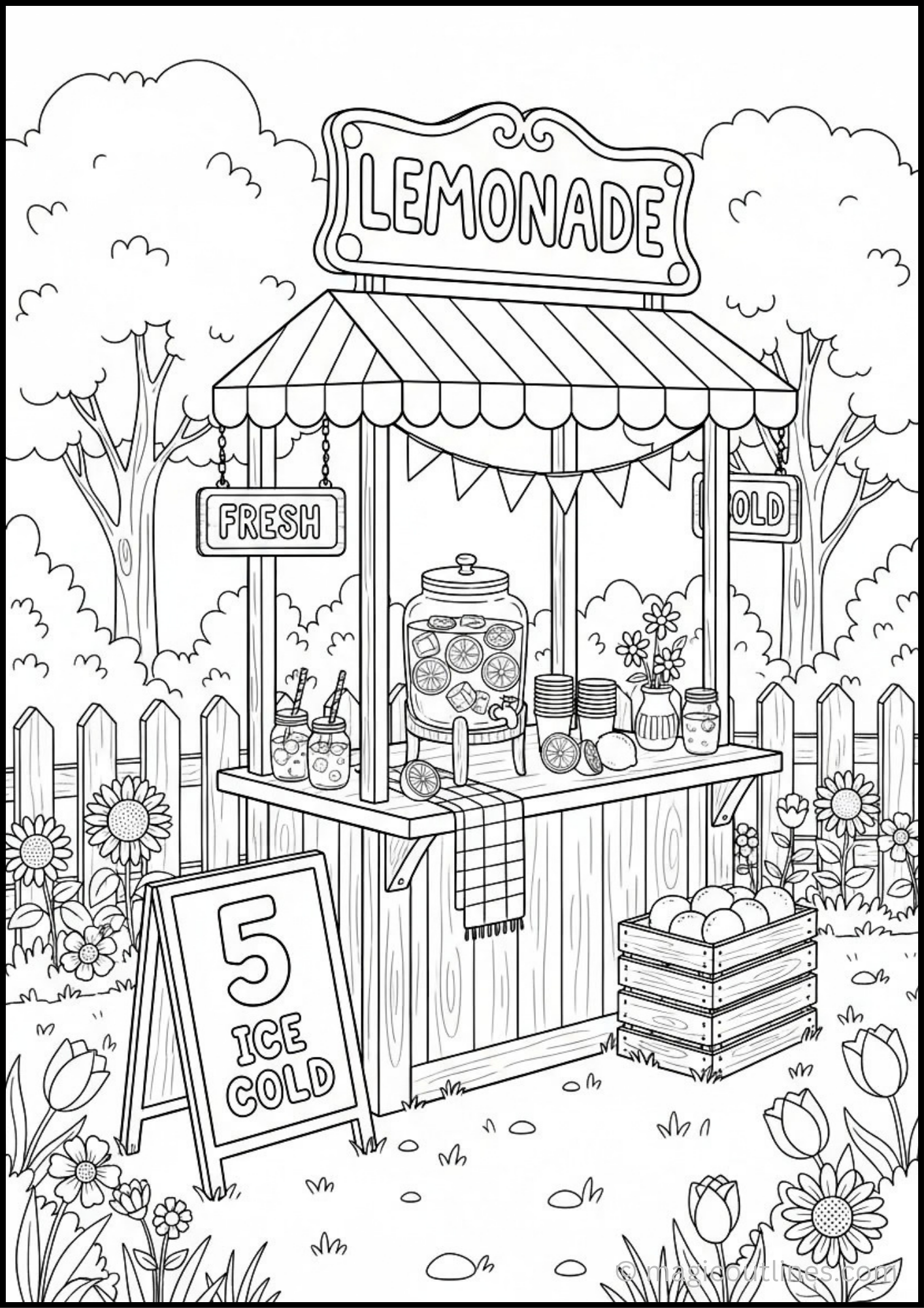Lemonade stand coloring page with lemons, lemonade jars, flowers, cups, and summer decorations