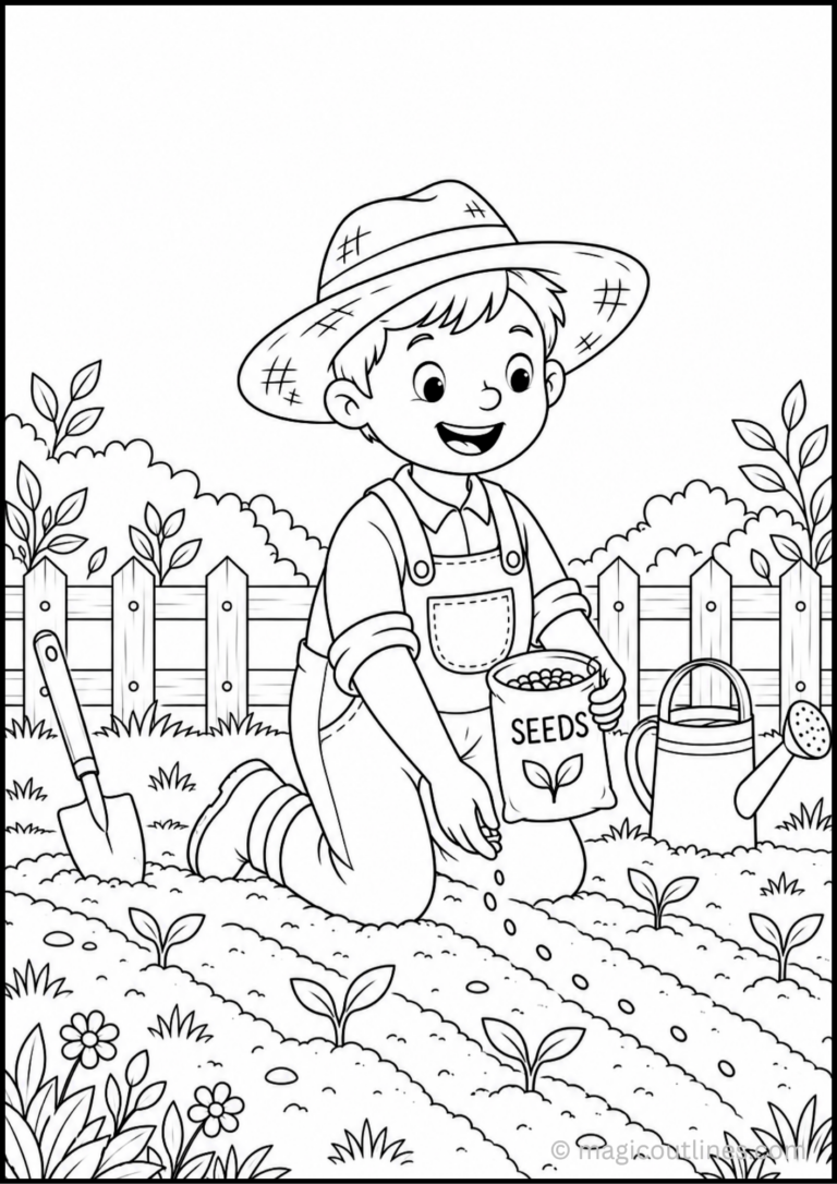 Little Gardener Coloring Page showing a child planting seeds in a farm garden with vegetables, watering can, fence, and barn